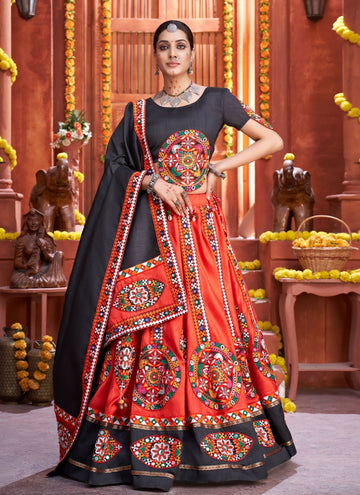 Orange Color Art Silk Navratri Special Gujarati Ghagra Choli